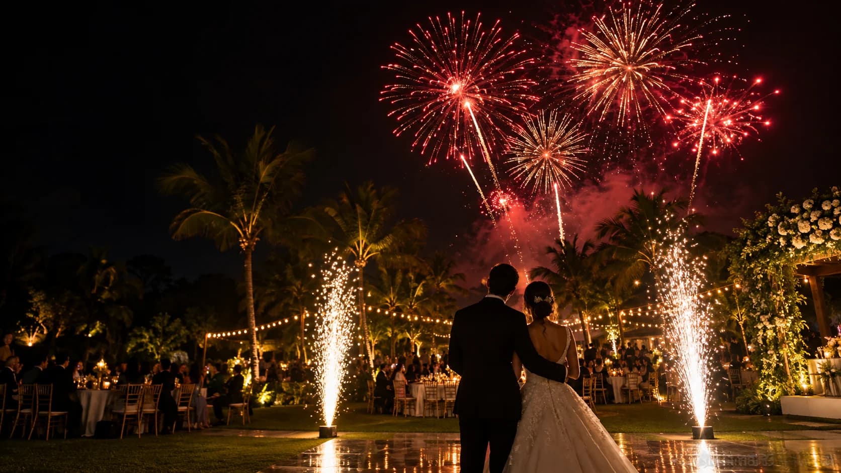 Boda al aire libre iluminada por fuegos artificiales y fontanas
