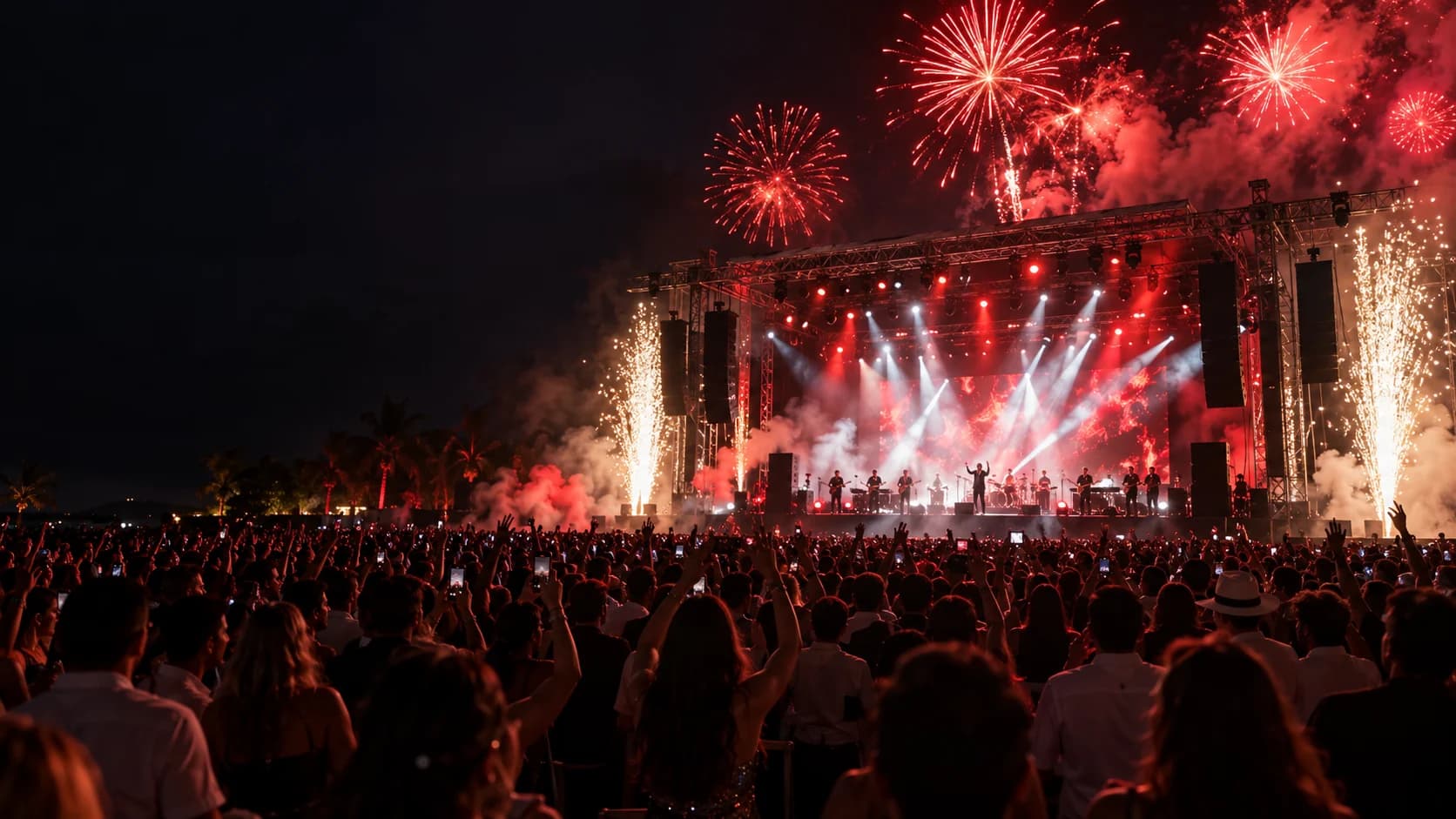 Espectáculo en vivo con público, efectos de escenario y fuegos artificiales